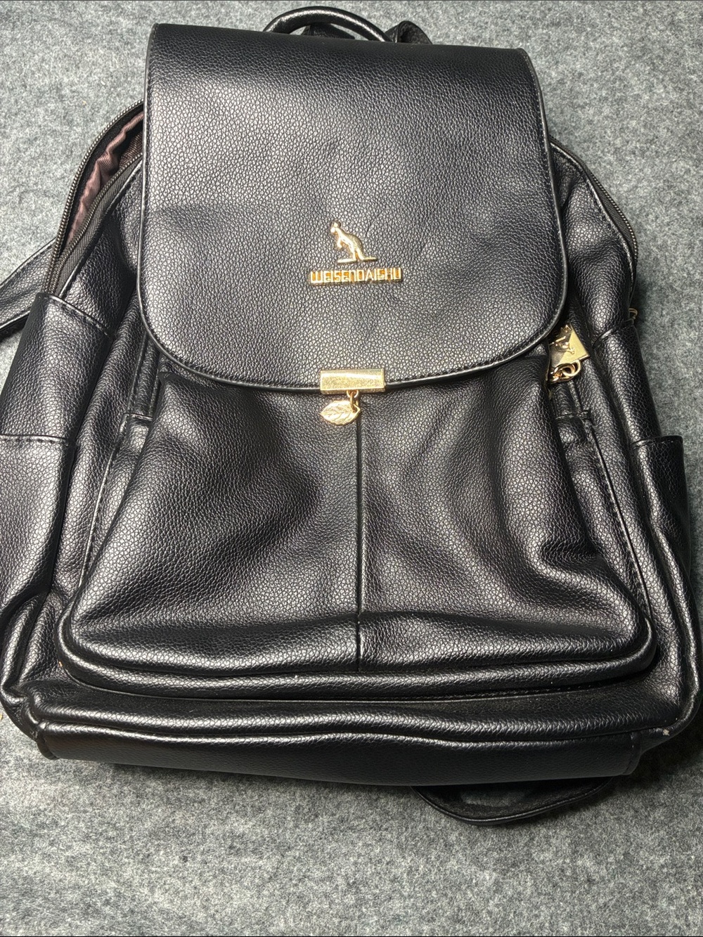 Black Leatherette Backpack with Gold Accents